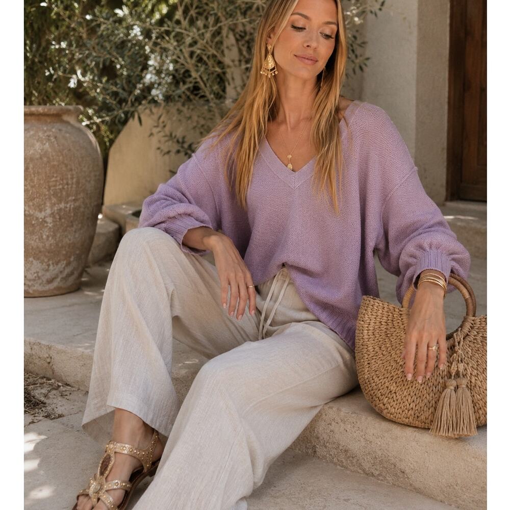 Pilcro Purple Balloon Sleeve Fluffy Sweater V Neck Womens M Oversized Boho Fall
